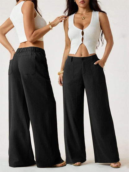 Women's Cotton Linen Palazzo Pants Summer Flowy Wide Straight Leg Beach Trousers With Pocket Casual Solid Color Soft Elastic High Waist Lounge Pants
