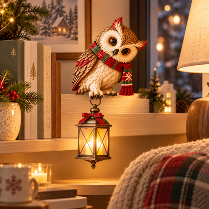 Christmas Owl Figurine with LED Lantern, Festive Scarf Owl Shelf Sitter Ornament for Christmas Home Decor