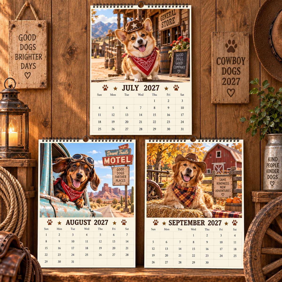 Cowboy Dogs 2027 Wall Calendar - Cute Western Cowboy Puppy Monthly Calendar, Dog Lover Gift, Sunday‑Start US Layout Wall‑Hanging Spiral Calendar