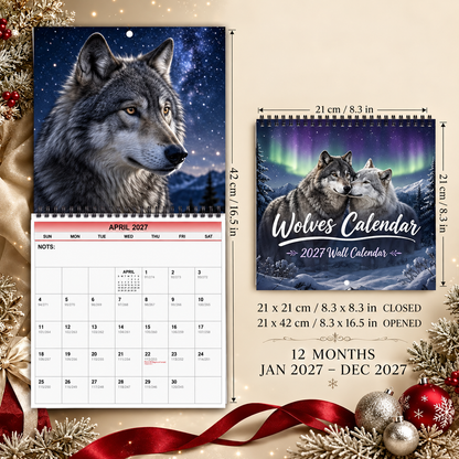 Wolves Calendar 2027 Wall Calendar – Northern Lights Wolf Calendar, Snow Mountain Wildlife Decor, Gift for Wolf Lovers