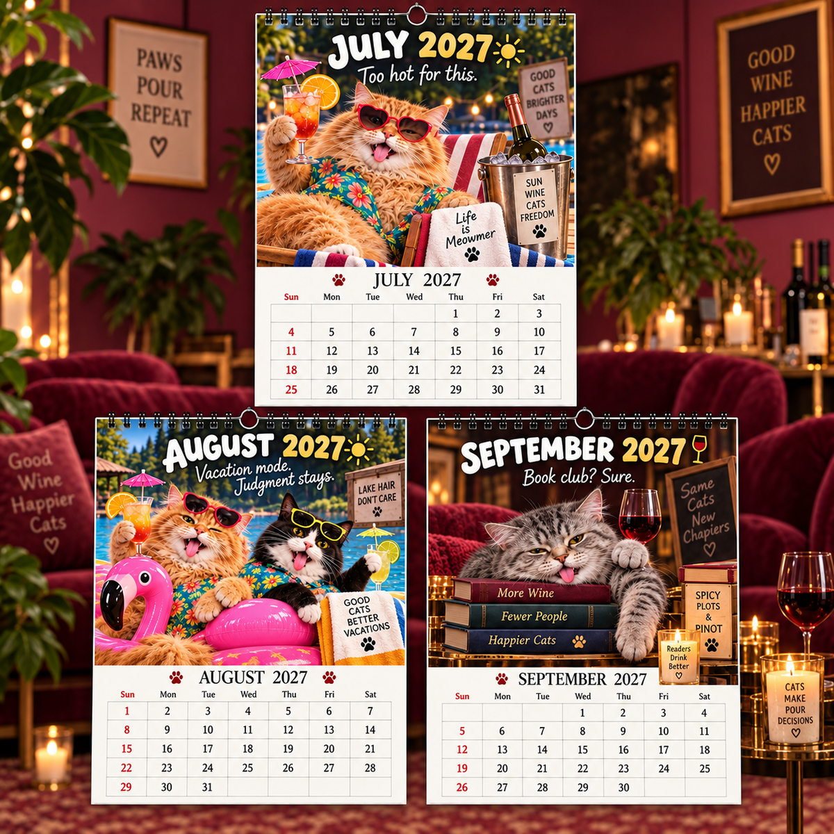 Tipsy Cats 2027 Wall Calendar – Wine O’Clock, Whiskers & Bad Decisions, Funny Boozy Cat Art Calendar
