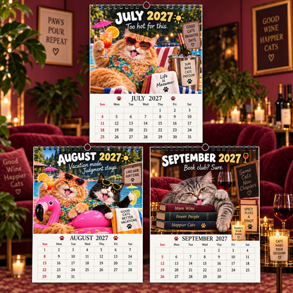Tipsy Cats 2027 Wall Calendar – Wine O’Clock, Whiskers & Bad Decisions, Funny Boozy Cat Art Calendar