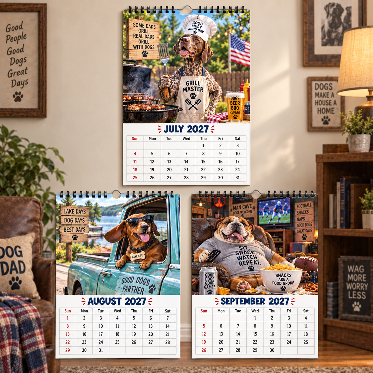 Dad Bod Dogs 2027 Wall Calendar‑ Grill, Mow, Nap, Repeat, Funny Dog Dad Humor Wall Calendar