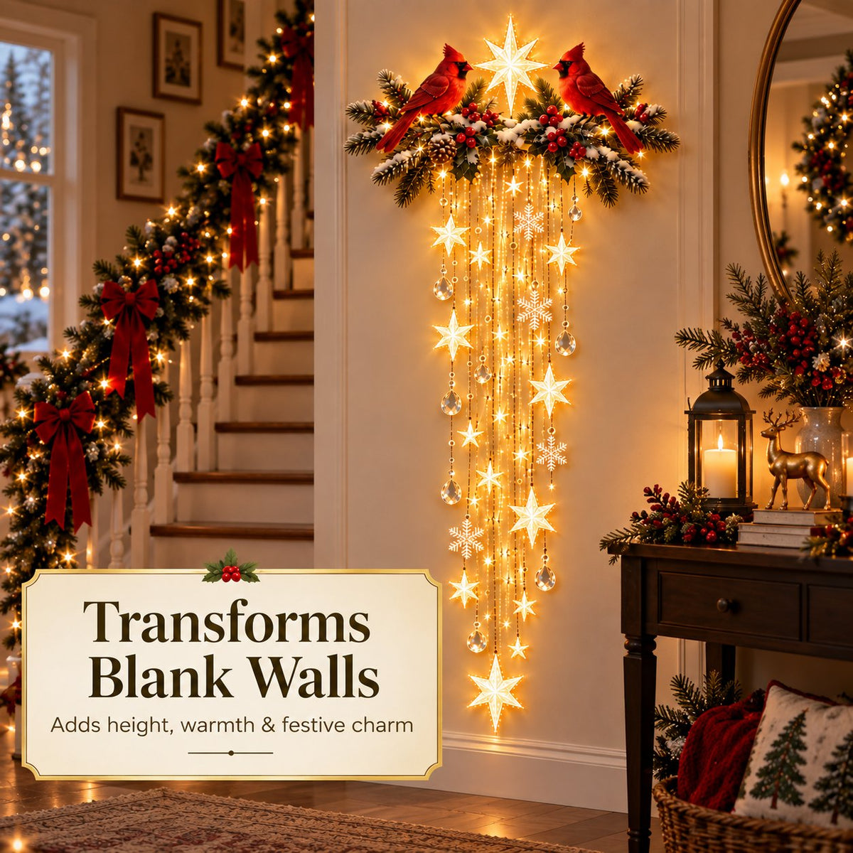 ❤️🐦 Cardinal Christmas Starfall Wall Light ✨ Glowing Holiday Cascade Decor