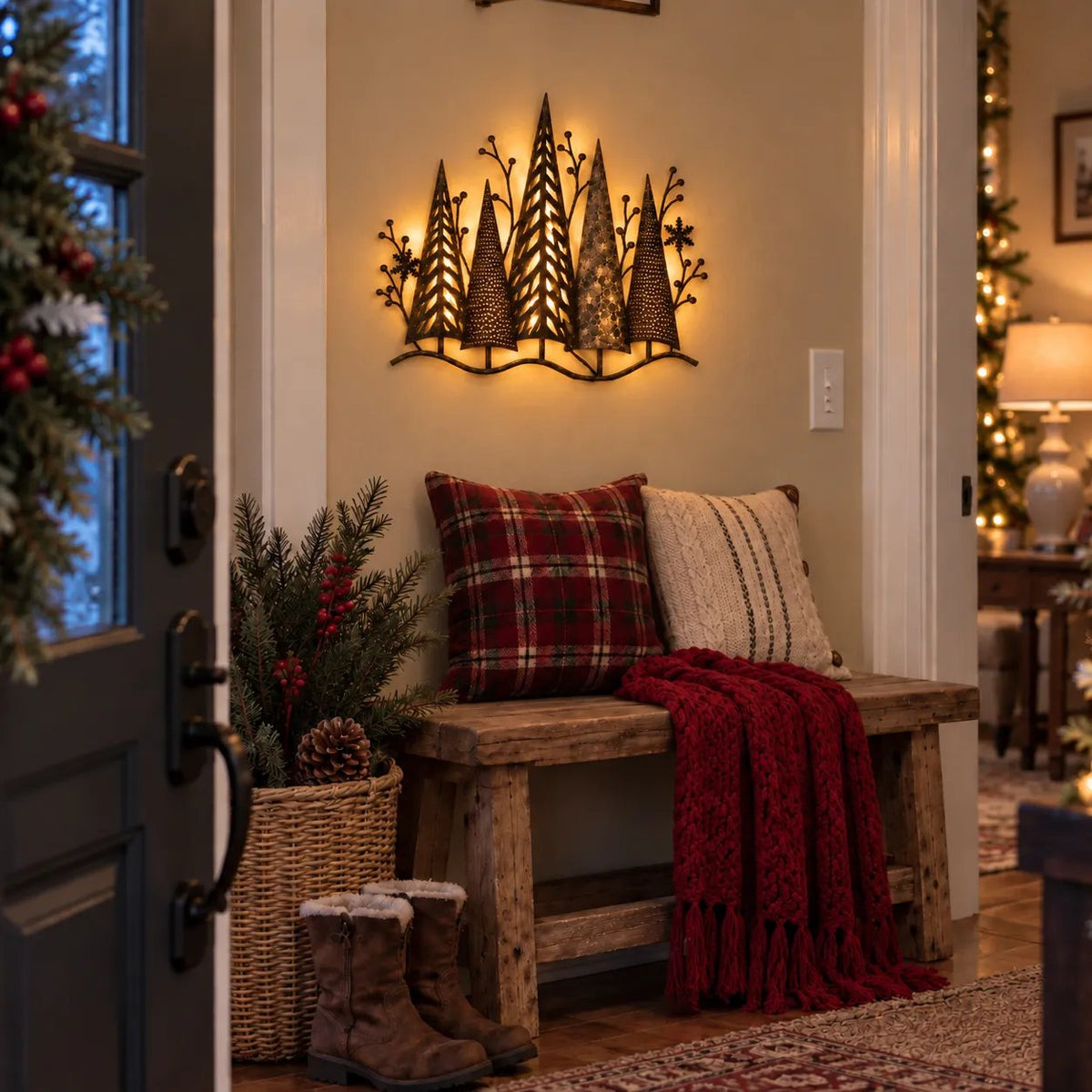 🎄🕯️Vintage-Wanddekoration aus Metall mit Waldmotiv und Beleuchtung🌙