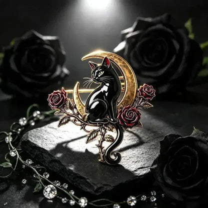 🐈‍⬛🌙 Black Cat Crescent Moon Brooch – Gothic Rose Statement Pin