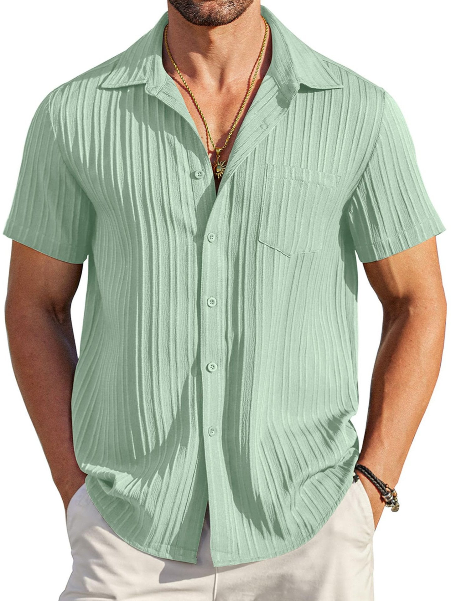 🏆Flash Sale⚡ 50K+ SOLD! Almost Gone-💥Men's Casual Button Down Shirts Short Sleeve Textured Summer Beach Shirt with Pocket