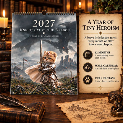 🐱 2027 Knight Cat vs. The Dragon Wall Calendar | 12 Fantasy Scenes