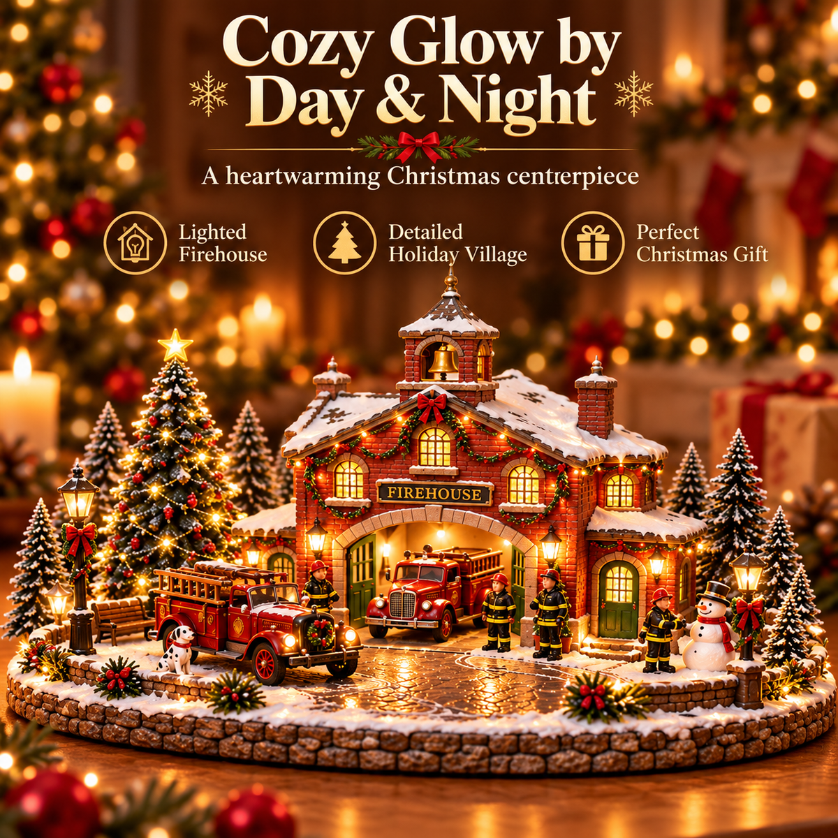 🎄 Christmas Firehouse Village™ – Warm LED Lights, Vintage Fire Trucks & Cozy Holiday Display
