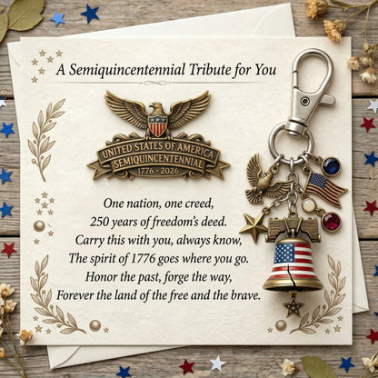 America 250 Tribute Set – Card, Lapel Pin & Keychain