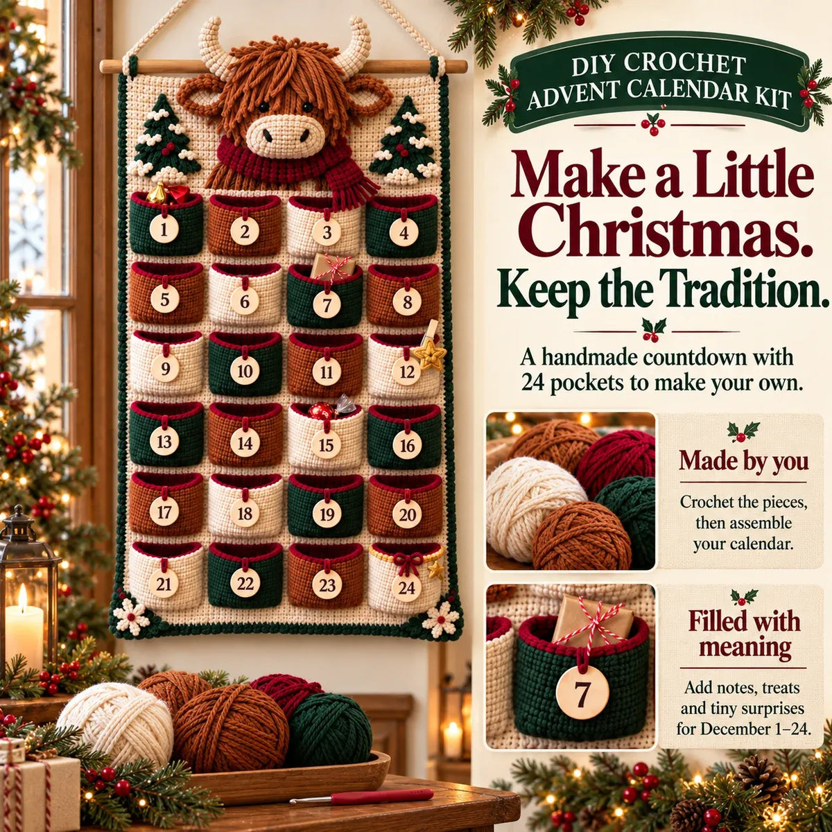 ⏳ 🧶 DIY Crochet Advent Calendar Kit | 24 Refillable Pockets, 4 Christmas Characters & Complete Crochet Materials 🎄