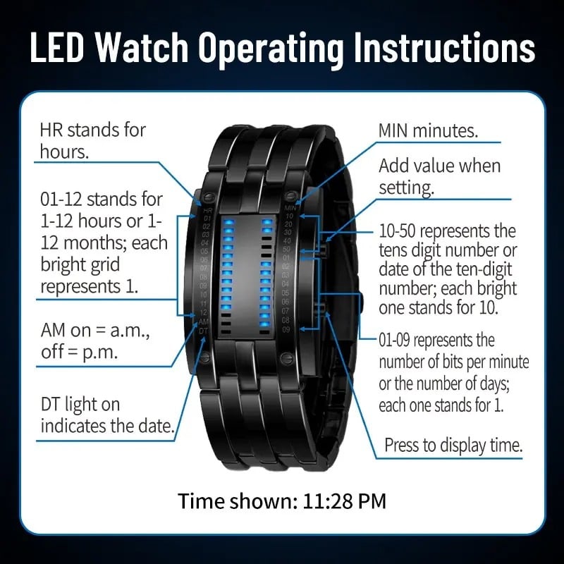 🔥Binary LED Digital Watch, Square Face with Zinc Alloy Band, Unisex Casual Timepiece