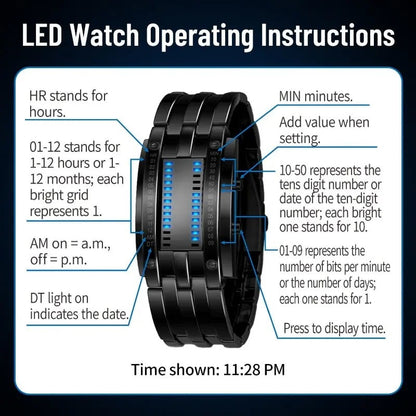 🔥Binary LED Digital Watch, Square Face with Zinc Alloy Band, Unisex Casual Timepiece