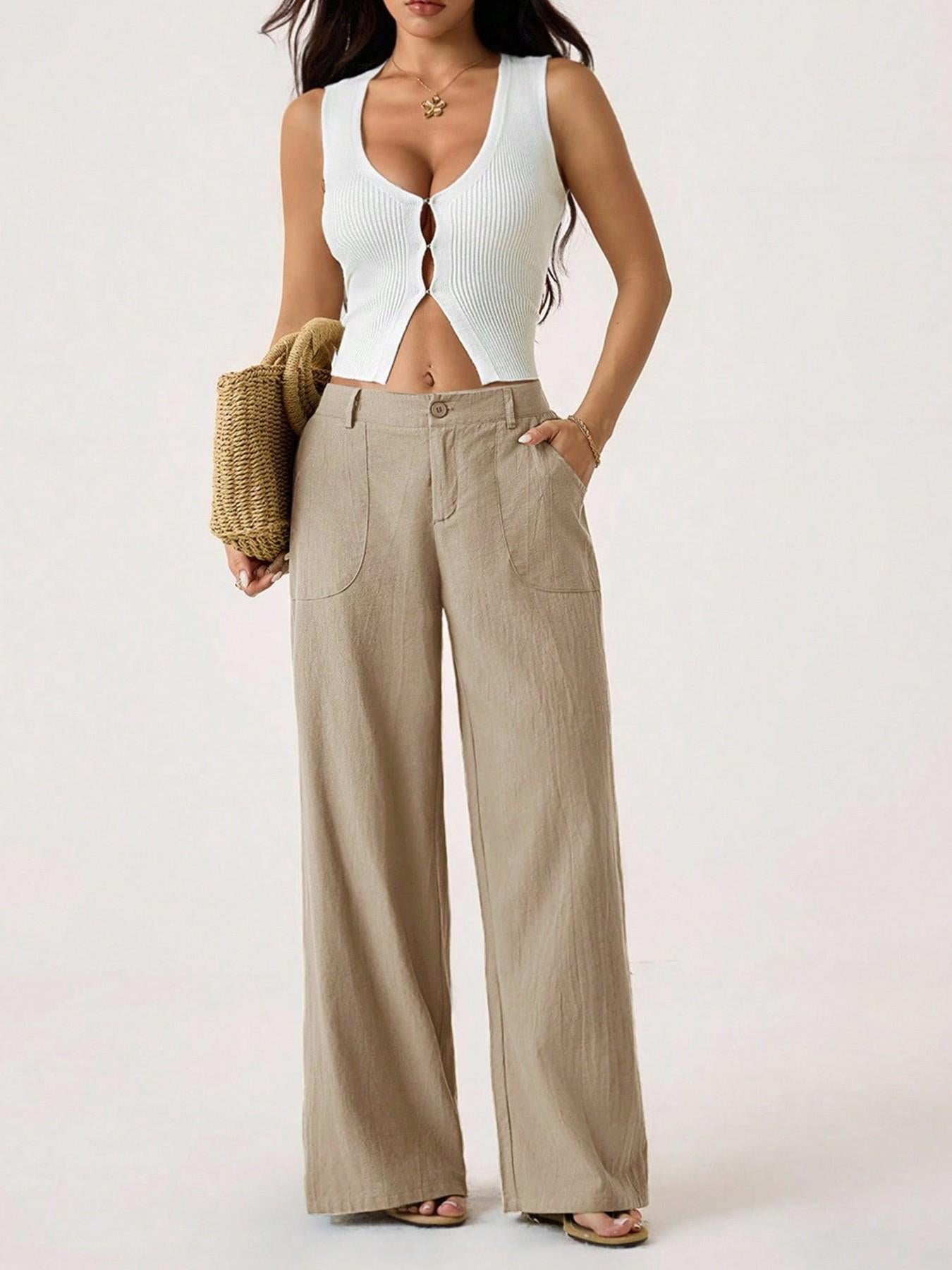 Women's Cotton Linen Palazzo Pants Summer Flowy Wide Straight Leg Beach Trousers With Pocket Casual Solid Color Soft Elastic High Waist Lounge Pants
