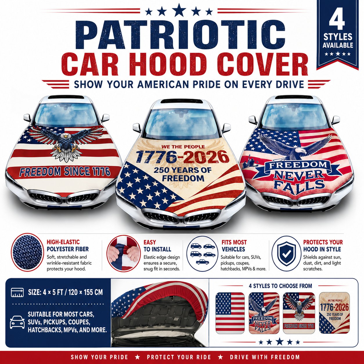 🇺🇸 Universal American Hood Flag Cover 🔥 Secure Buckle Design for Stable Highway Driving 🦅 Fits Most Cars, SUVs & Pickups[Buy 2 Free Shipping]