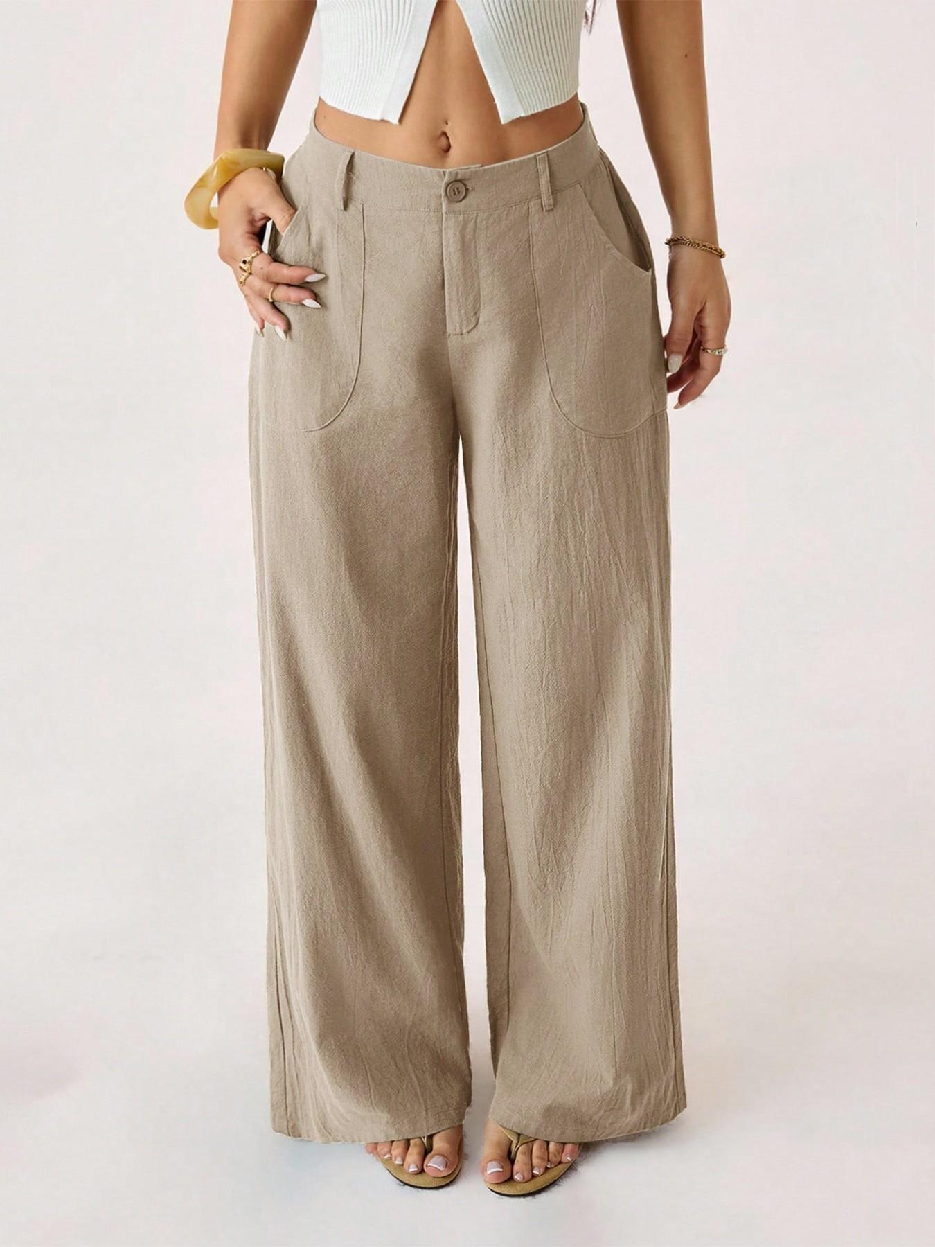 Women's Cotton Linen Palazzo Pants Summer Flowy Wide Straight Leg Beach Trousers With Pocket Casual Solid Color Soft Elastic High Waist Lounge Pants