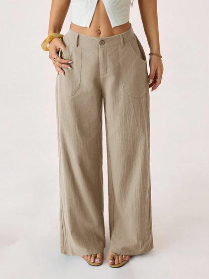 Women's Cotton Linen Palazzo Pants Summer Flowy Wide Straight Leg Beach Trousers With Pocket Casual Solid Color Soft Elastic High Waist Lounge Pants