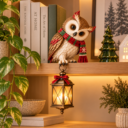 Christmas Owl Figurine with LED Lantern, Festive Scarf Owl Shelf Sitter Ornament for Christmas Home Decor