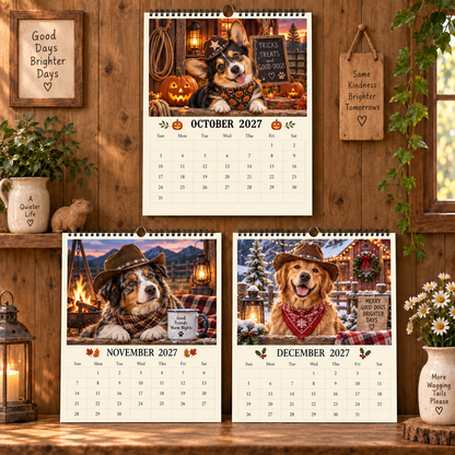 Cowboy Dogs 2027 Wall Calendar - Cute Western Cowboy Puppy Monthly Calendar, Dog Lover Gift, Sunday‑Start US Layout Wall‑Hanging Spiral Calendar