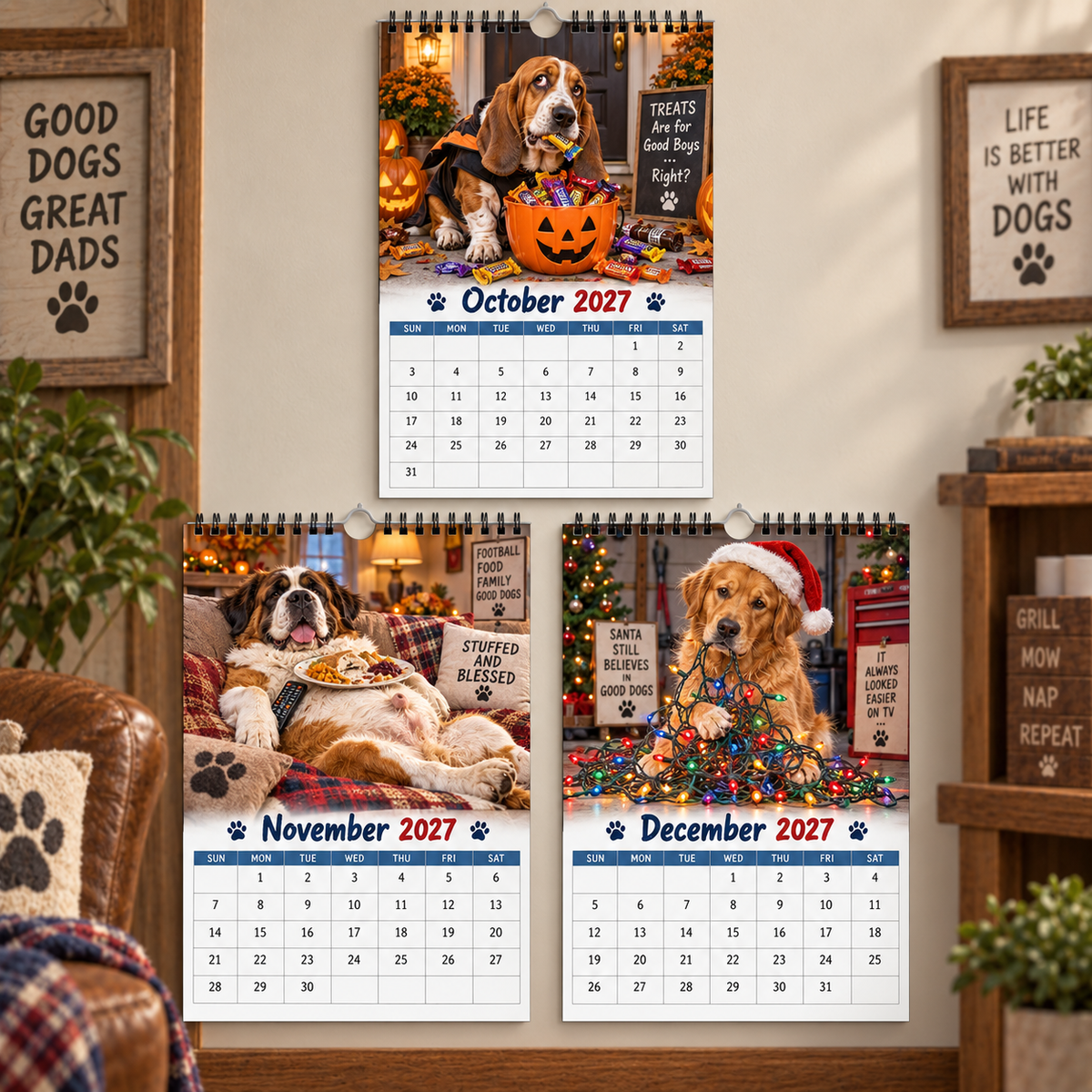 Dad Bod Dogs 2027 Wall Calendar‑ Grill, Mow, Nap, Repeat, Funny Dog Dad Humor Wall Calendar