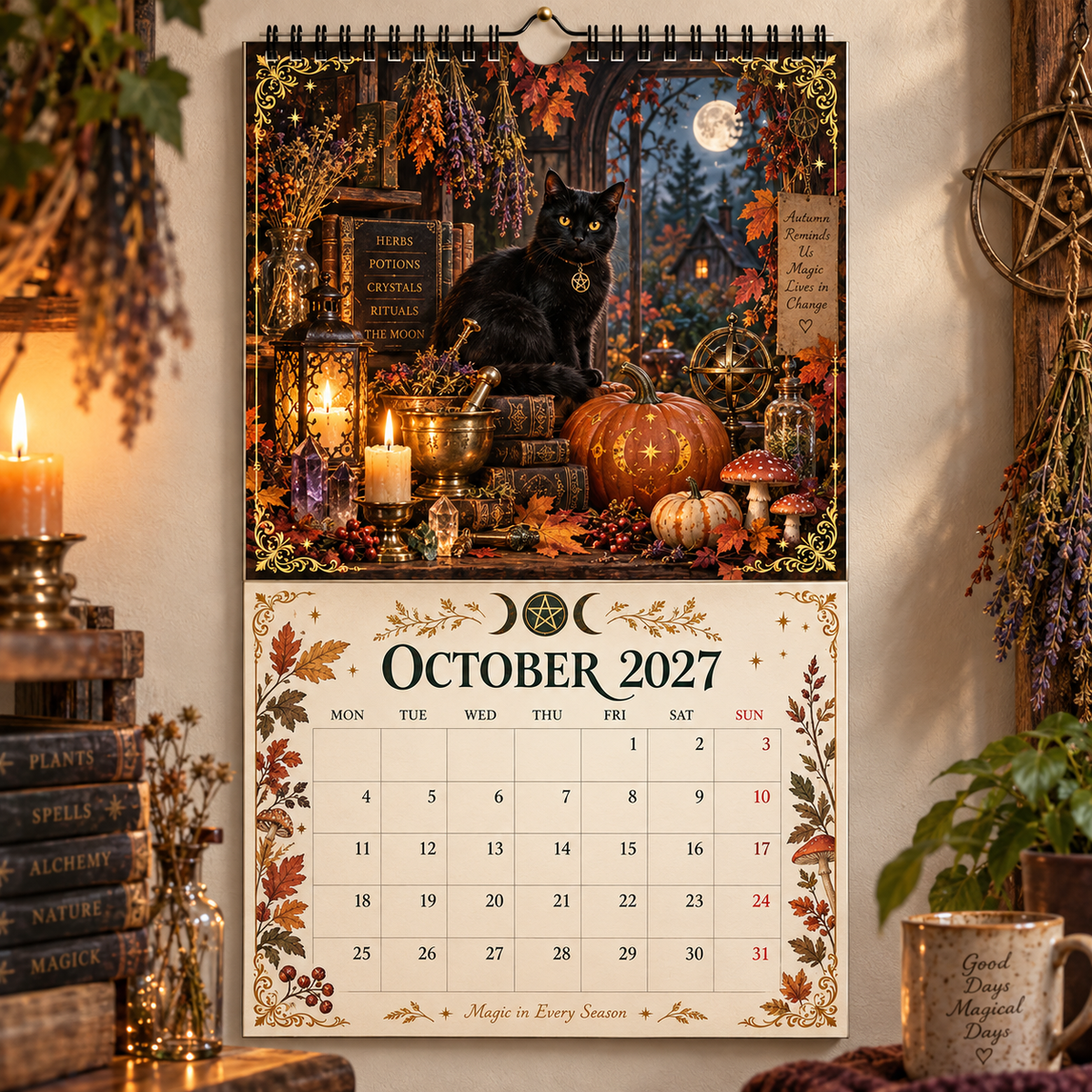 Witch’s Arcanum 2027 Wall Calendar – 12-Month Witchy Art Calendar with Black Cats, Herbs, Crystals & Seasonal Magic