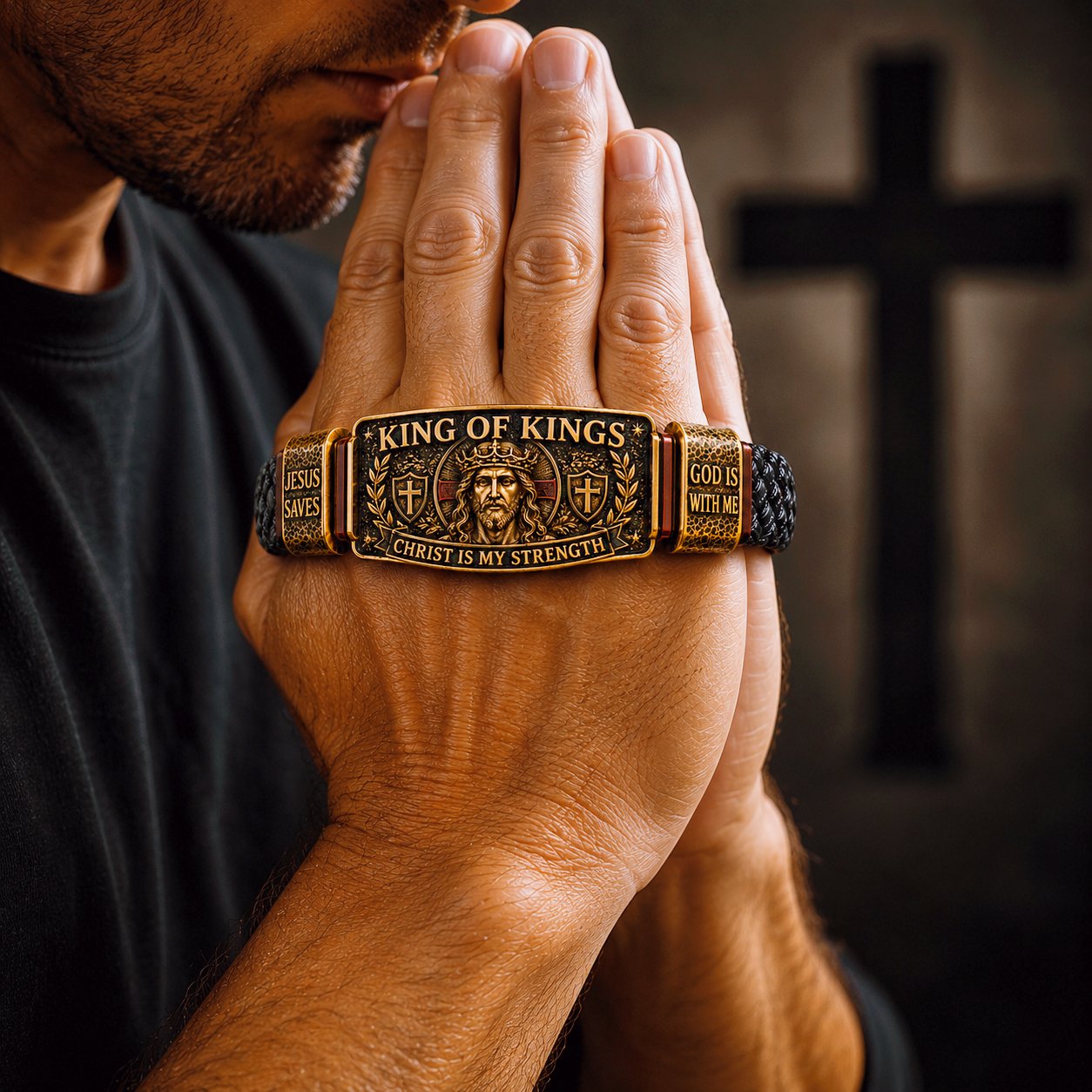 ✝3D Engraved Christ Is My Strength Bracelet, Faith-Forged Metal & Braided Band, Spiritual Reminder for Christian Dads