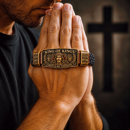 ✝3D Engraved Christ Is My Strength Bracelet, Faith-Forged Metal & Braided Band, Spiritual Reminder for Christian Dads
