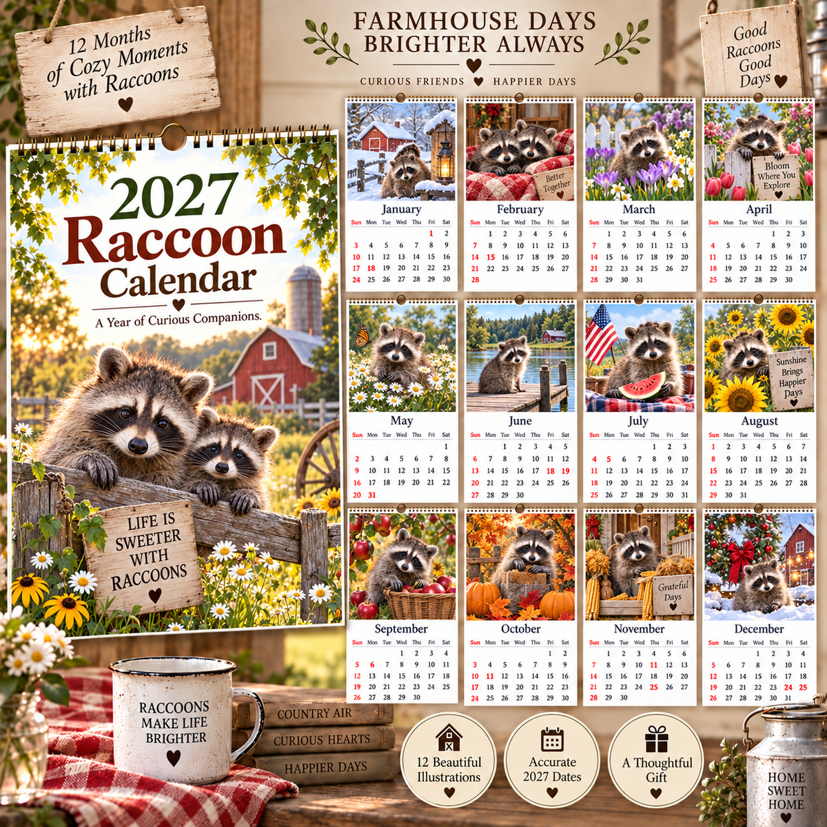 📅 2027 Raccoon Calendar｜A4 Hanging Calendar