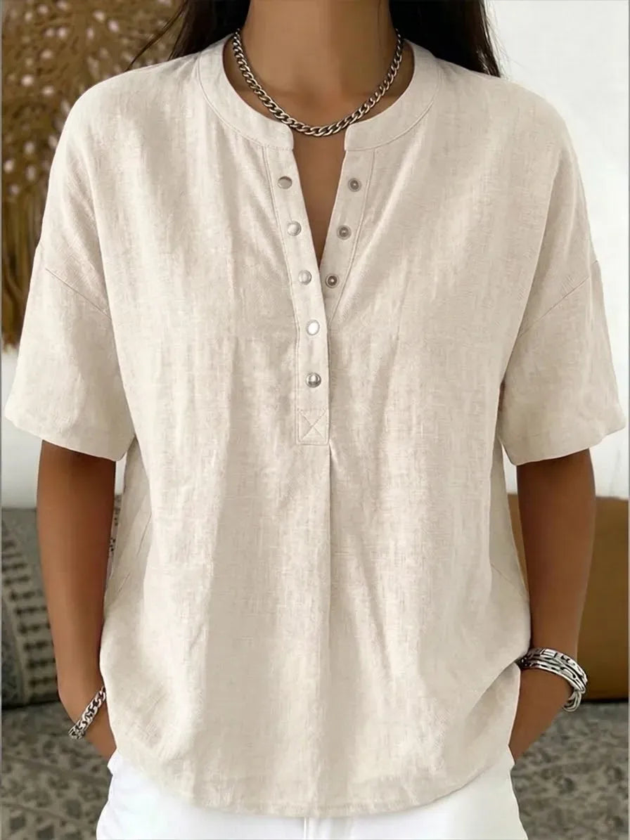 New Arrivals🔥Women's Casual Henley Collar Linen And Cotton Short-sleeve Shirt