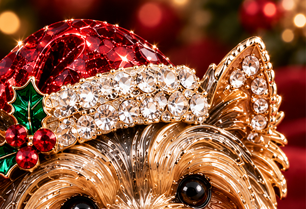 Close-up of crystal accents on dog brooch