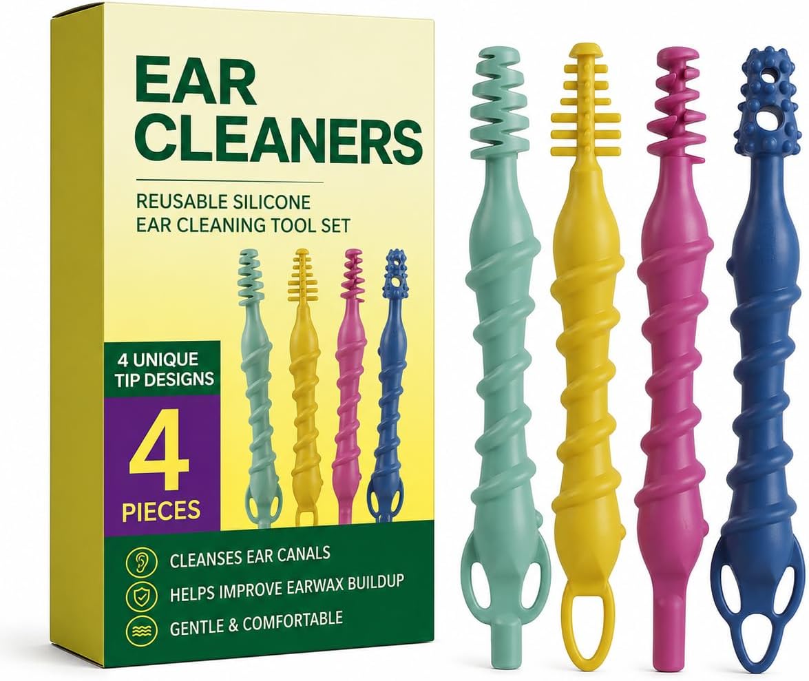Silicone Ear Wax Removal Tool Set, 4 Pcs Reusable Ear Cleaners with Spiral and Scoop Tips, Washable Ear Pick Kit for Adults, Portable Outer Ear Cleaning Tools. (4 Ear Cleaning Tools1PACK)