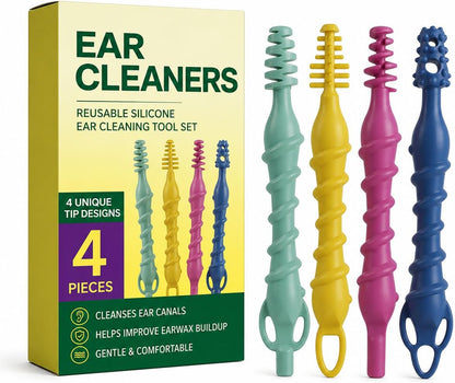 Silicone Ear Wax Removal Tool Set, 4 Pcs Reusable Ear Cleaners with Spiral and Scoop Tips, Washable Ear Pick Kit for Adults, Portable Outer Ear Cleaning Tools. (4 Ear Cleaning Tools1PACK)