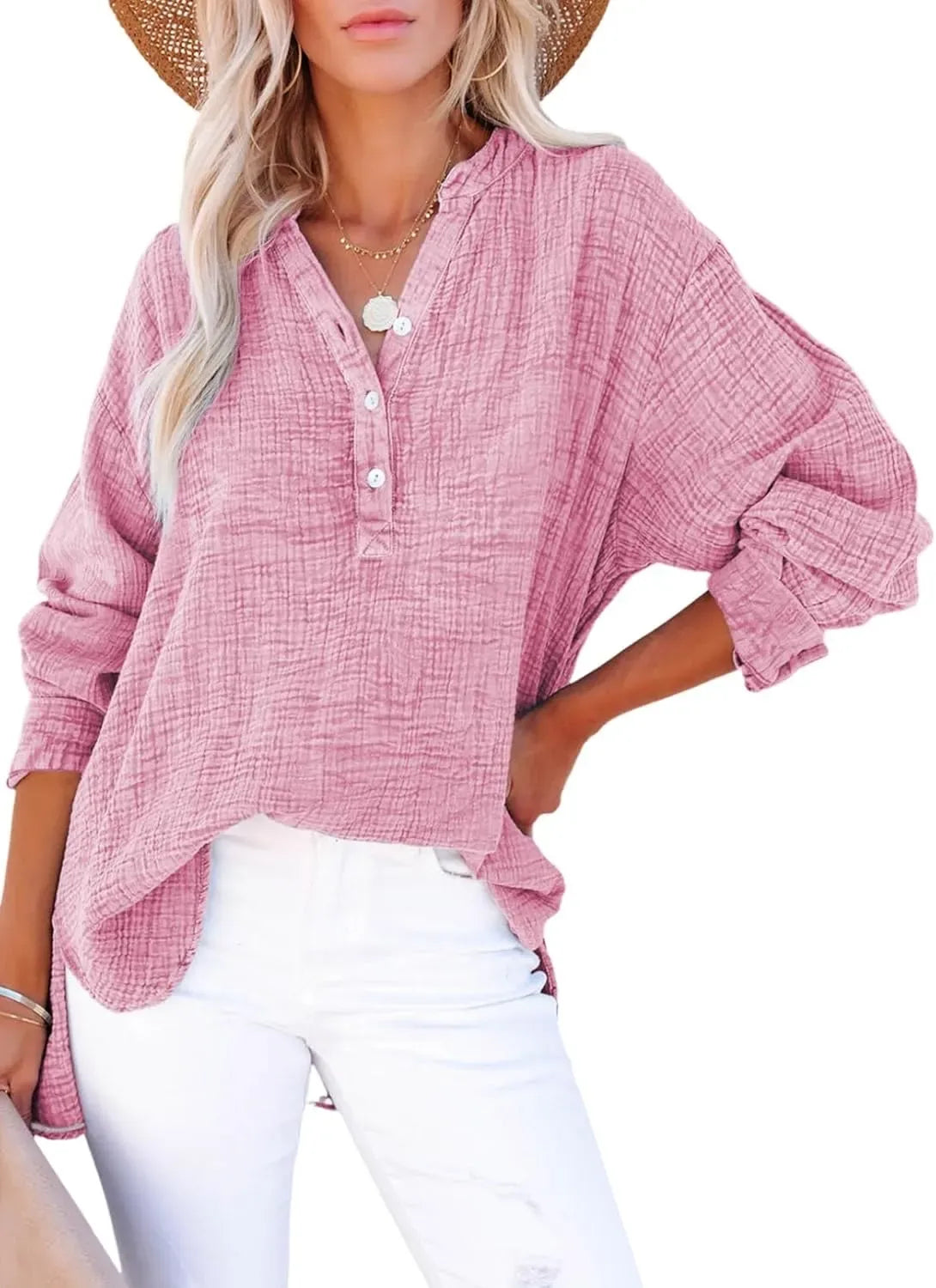 🔥Womens Casual Gauze Button Neck Long Sleeve Oversized BlousesTops