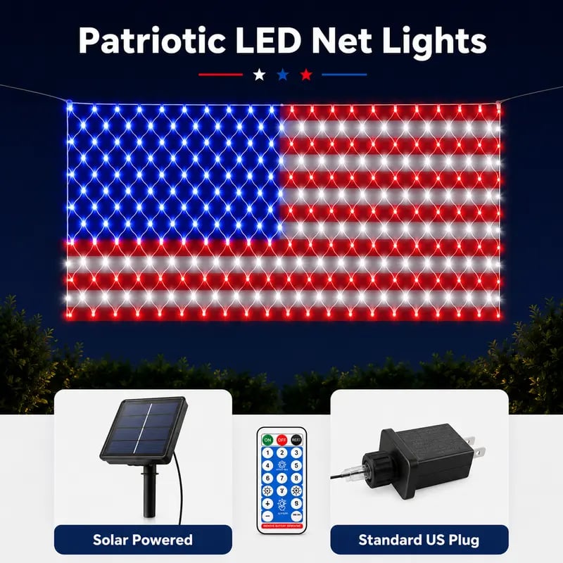 ⚡Hot Sales 🔥Solar American Flag Lights Outdoor American Flag Net Lights