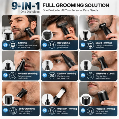 🪒 9-in-1 Electric Grooming Kit For Men – Complete Beard, Hair & Body Trimmer