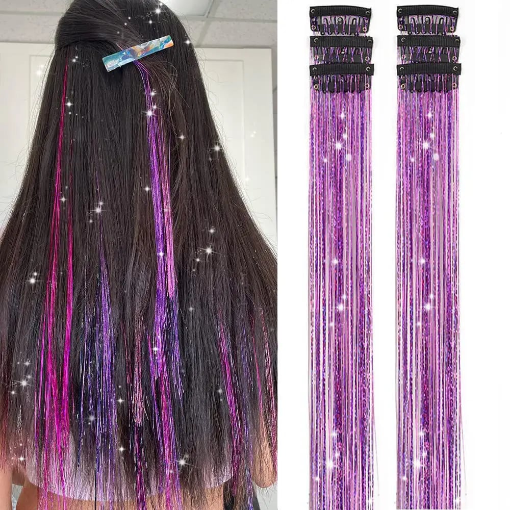 ✨ Clip in Hair Tinsel 24 Inch | 6 Pcs Glitter Fairy Hair Extensions 🥳