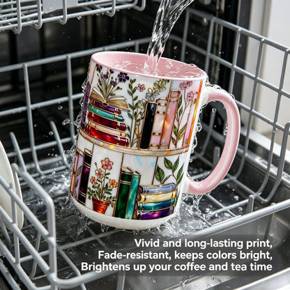 ☕📚Stained-Glass Ceramic Mug- Book Lover Gift, Floral Bookshelf Mug, Coffee & Tea Cup🌈(Buy 2 Free Shipping)