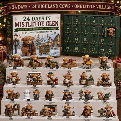 CHRISTMAS KICKOFF 49% OFF - 2026 24 Days in Mistletoe Glen Advent Calendar - 24‑Day Festive Countdown, Highland Cow Christmas Village Collectible Miniatures Blind Box - Gift For Highland Cow Lovers