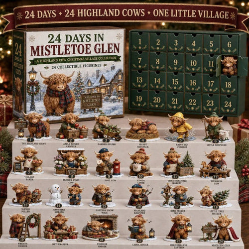 CHRISTMAS KICKOFF 49% OFF - 2026 24 Days in Mistletoe Glen Advent Calendar - 24‑Day Festive Countdown, Highland Cow Christmas Village Collectible Miniatures Blind Box - Gift For Highland Cow Lovers