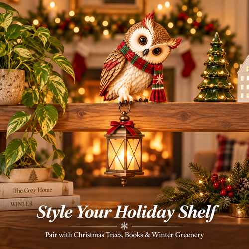 Christmas Owl Figurine with LED Lantern, Festive Scarf Owl Shelf Sitter Ornament for Christmas Home Decor