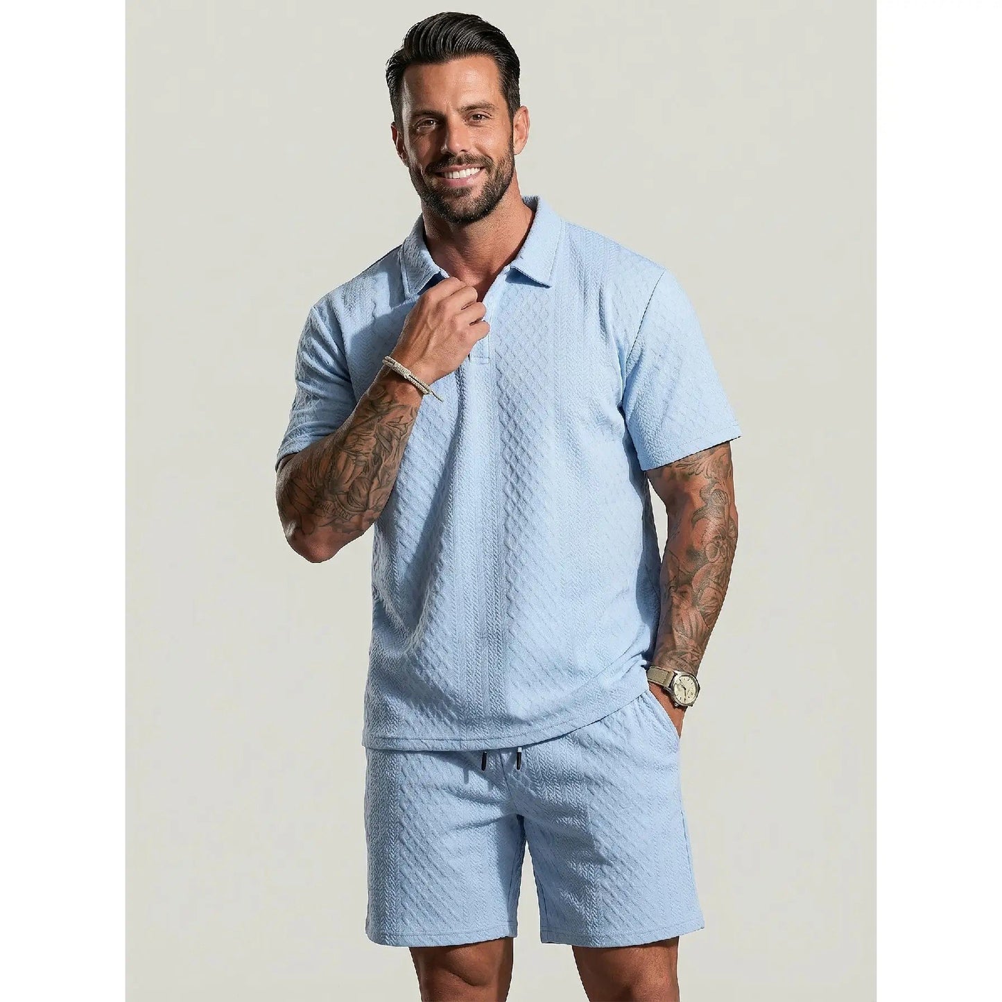 ⚡Hot Sales 49% OFF🔥Men's Solid Polo Shirt & Drawstring Waist Shorts Set Cozy Breathable Two-piece Outfits for Daily Outdoor Wear
