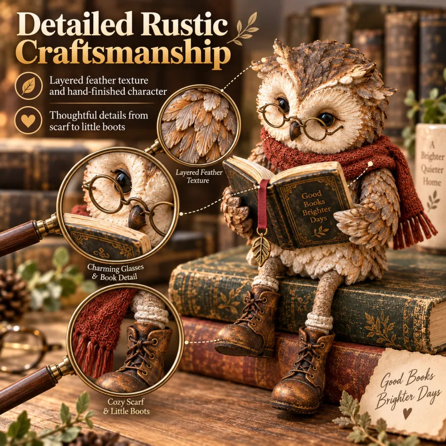 Reading Owl Figurine – Whimsical Bookish Shelf Sitter With Glasses & Dangling Boots