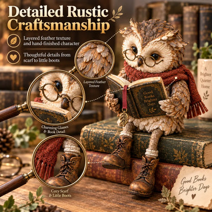 Reading Owl Figurine – Whimsical Bookish Shelf Sitter With Glasses & Dangling Boots