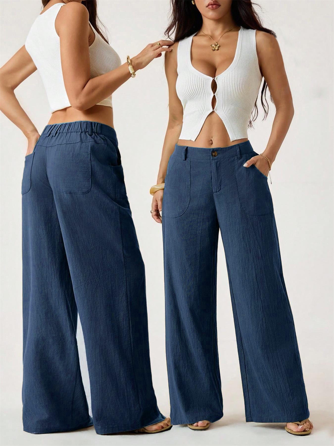Women's Cotton Linen Palazzo Pants Summer Flowy Wide Straight Leg Beach Trousers With Pocket Casual Solid Color Soft Elastic High Waist Lounge Pants