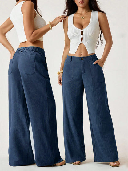 Women's Cotton Linen Palazzo Pants Summer Flowy Wide Straight Leg Beach Trousers With Pocket Casual Solid Color Soft Elastic High Waist Lounge Pants