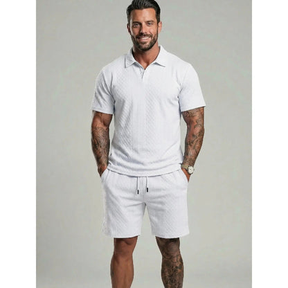 ⚡Hot Sales 49% OFF🔥Men's Solid Polo Shirt & Drawstring Waist Shorts Set Cozy Breathable Two-piece Outfits for Daily Outdoor Wear