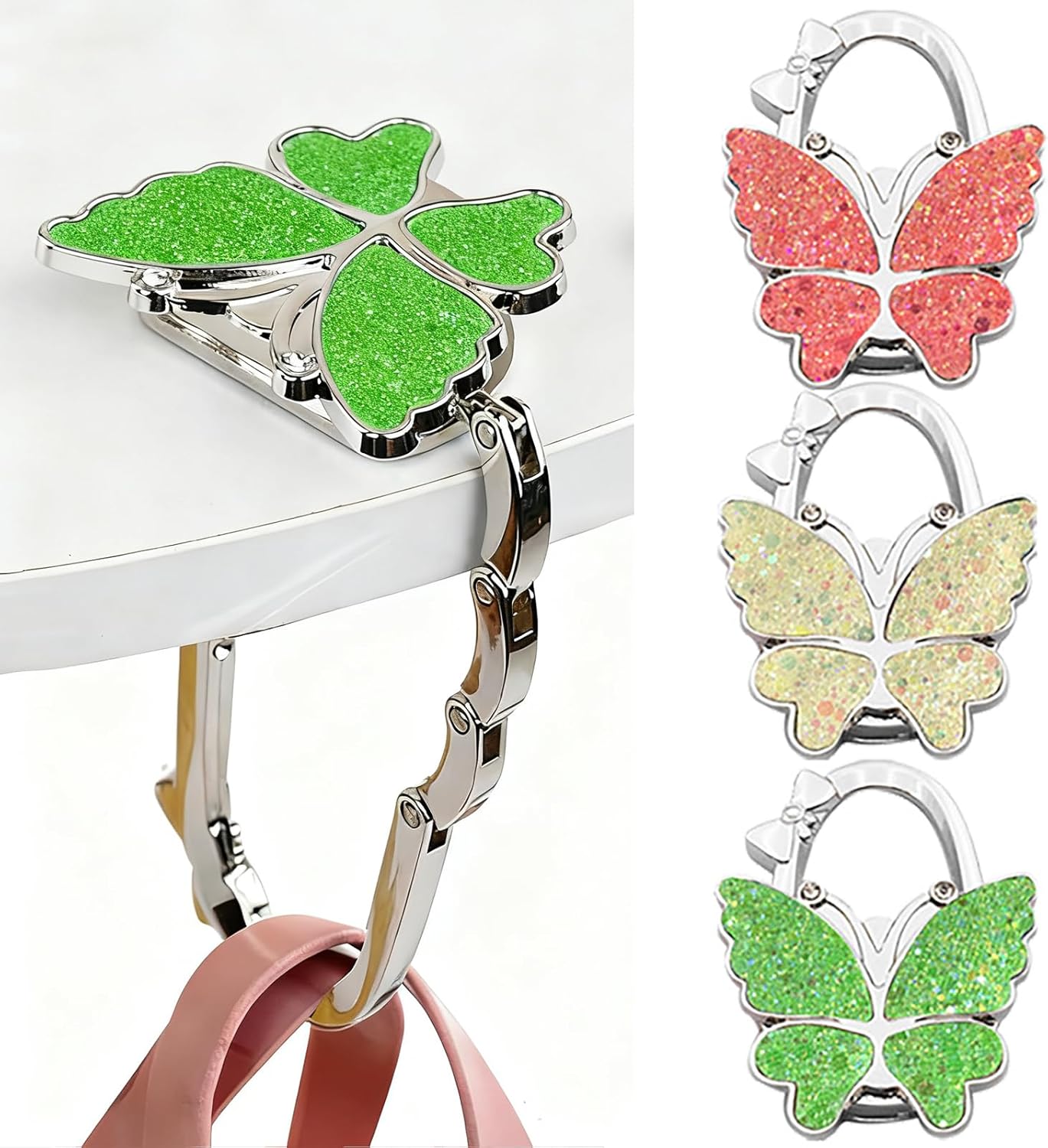 🦋Foldable Purse Hook for Table - Portable Bag Holder,Folding Handbag Hanger Various Heavy Items Desk Hook