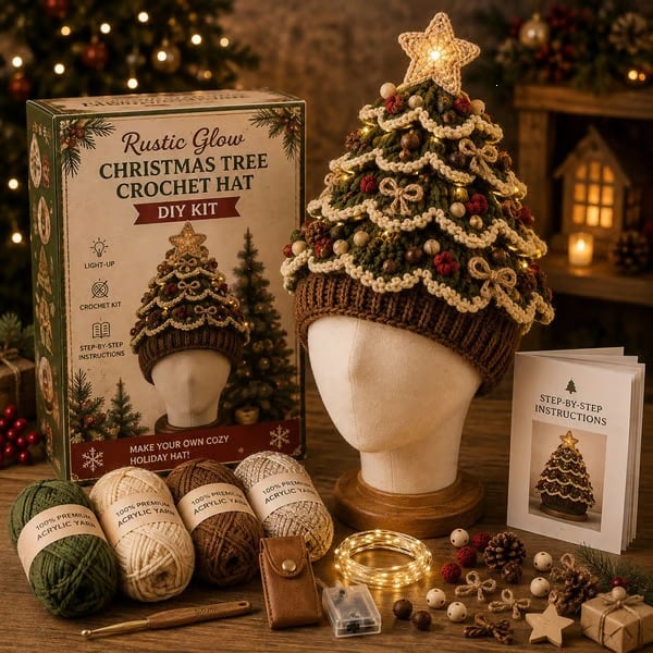 🎄Complete Light-Up Christmas Tree Crochet Hat DIY Kit
