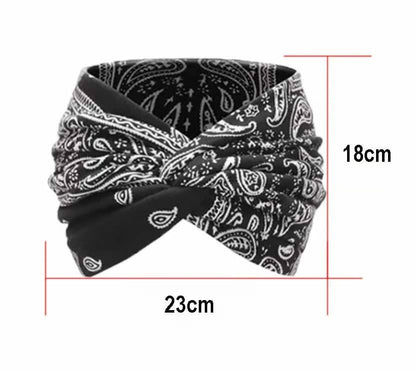 Bohemian-style hairband with a paisley print, wide elasticated hairband