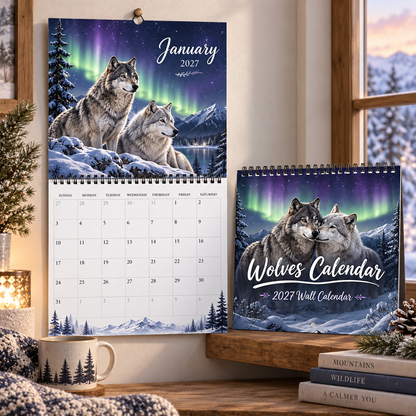 Wolves Calendar 2027 Wall Calendar – Northern Lights Wolf Calendar, Snow Mountain Wildlife Decor, Gift for Wolf Lovers